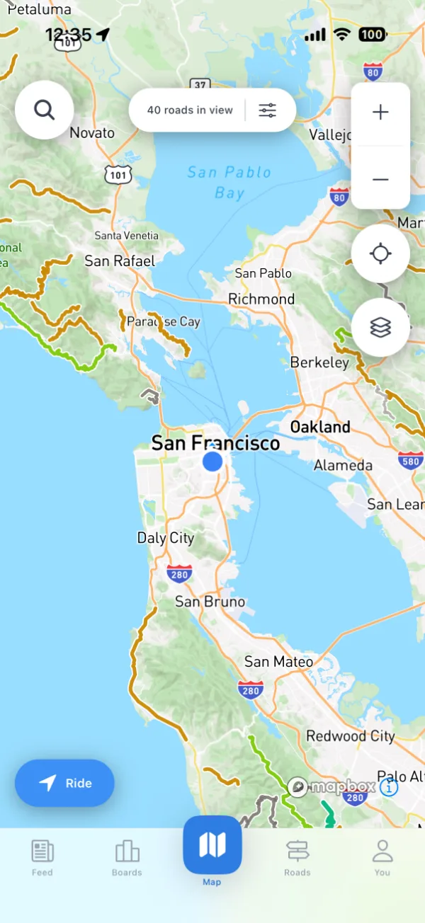 The Twisti iPhone app: a map of California motorcycle roads, each road colored by its rating