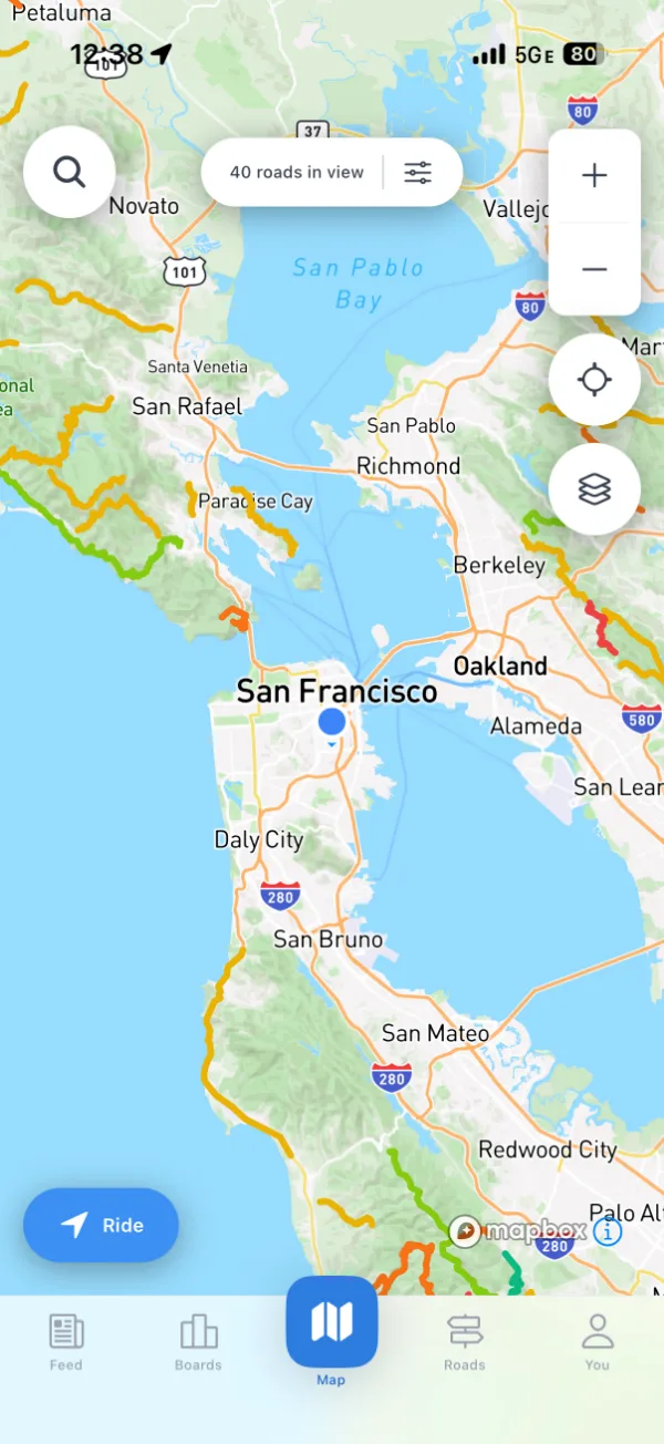 The Twisti iPhone app: a map of California motorcycle roads, each road colored by its rating